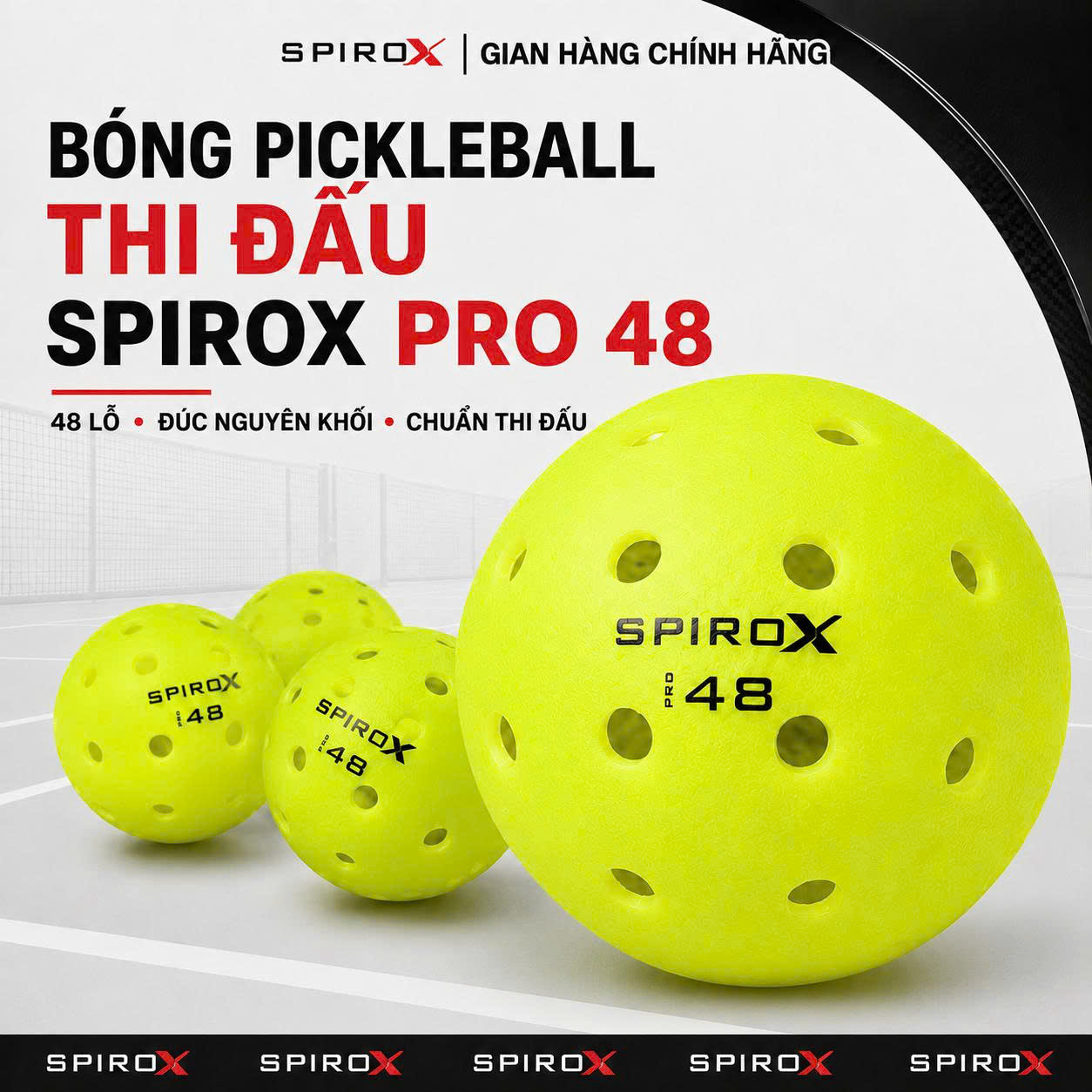Hộp 3 Quả Bóng Pickleball SpiroX Pro 48 Chính Hãng - 48 Lỗ - Bền - Đường Bay Ổn Định - Kiểm Soát - Cảm Giác Đánh Chắc Tay